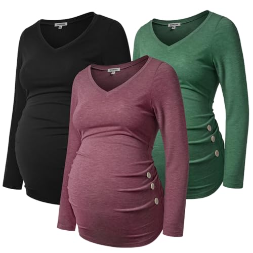 GINKANA Umstandsshirt Langarm Basic Top Rüschen Seiten Knöpfe Tshirt für Schwangere, Schwarz, Burgunderrot, Grün, Groß