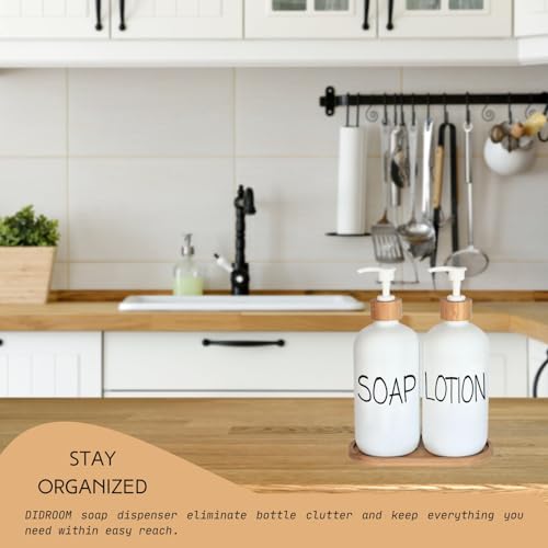 Image of White Soap Dispenser Bathroom Set, Set with Glass Dispenser, Bamboo Pumps & Tray. Hand and Lotion Suitable for Farmhouse Decor