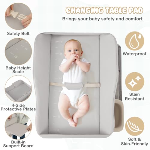 Image of HONEY JOY Changing Table, Folding Mobile Diaper Nursery Organizer w /Wheel, 3 Adjustable Heights, Storage Bag & Open Shelf, Water Basin, Portable Baby Changing Station for Newborn Infant(Gray)