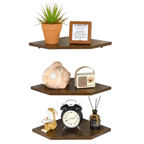 Corner Shelf Wall Mount, Set of 3 Floating Corner Shelves Organizer for Wall, Rustic Wood Wall Storage Display Shelves for Living Room Bedroom Bathroom Kitchen