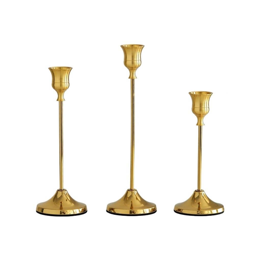 Candle Holder 3-Piece Set Wrought Iron Electroplated Candlesticks, Metal Decorative Ornaments, Wedding Decorations(Brass)