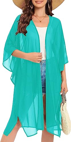 Image of Indian Trendy Women's Solid Puff Sleeve Kimono Long Cardigan Loose Cover Up Casual Blouse Top Chiffon
