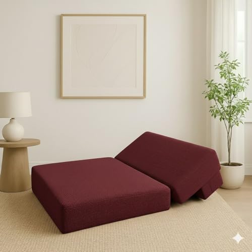 Image of PUM PUM Foldable Sofa Cum Bed | EPE Foam 2 Seater Floor Sofa | Premium Jute Fabric | Space-Saving Furniture for Living Room & Bedroom |36 Inch Width,Maroon