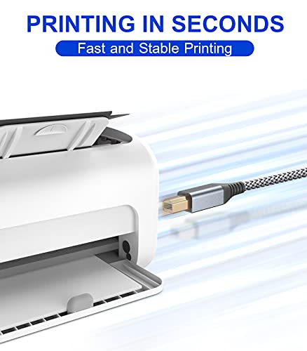 sweguard Printer Cable 6.6ft, USB 2.0 Midi Cord USB-A to USB-B Cable, High Speed Nylon Braided Scanner Printer Cord for HP Canon Dell Epson Brother Lexmark Xerox Samsung Piano DAC & More - Grey