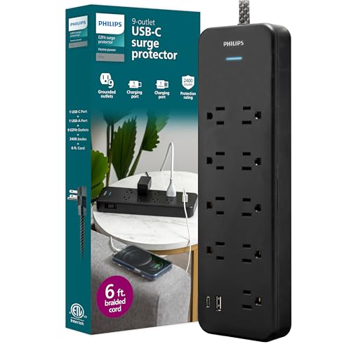 Philips Surge Protector Power Strip with USB Ports 6 Ft Braided Extension Cord with Multiple Outlets 2400 Joules 9 Outlet Extender (Wide Spaced) 1 USB-A 1 USB-C Flat Plug Black SPP3983B/37