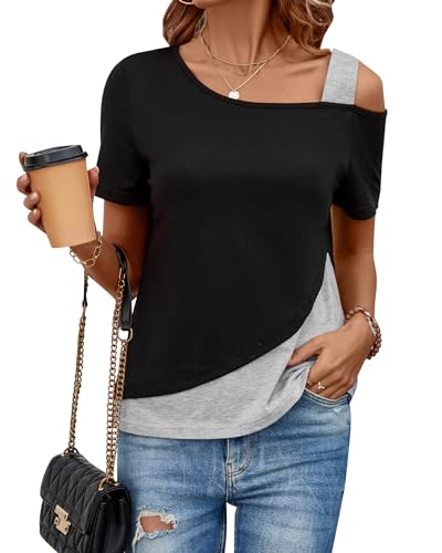 ZASFOU Donna Magliette Top Estive Camicia Elegante Manica Corta T Shirt Spalle Scoperte Tunica Blusa Camicetta