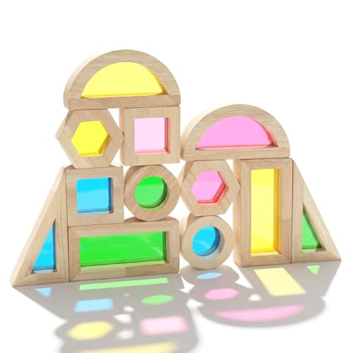 Image of WOODENFUN Wood Building Blocks Set for Kids,Rainbow Stacker Stacking Game Construction Toys Set Preschool Colorful Learning Educational Toys, Geometry Wooden Blocks for Boys Girls
