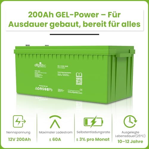 Offgridtec GEL Batterie 12V 200Ah, 2400Wh Versiegelte Blei-Säure Deep-Cycle Solarbatterie, bis 1800 Zyklen, M8-Schraubanschlüsse, wartungsfrei, geringe Selbstentladung, auslaufsicher, Innen & Off-Grid