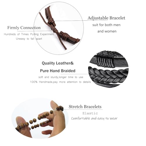SONNYX 24 PCS Braided Leather Bracelet for Men Women Cool Woven Wrist Cuff Bracelets Hemp Cords Wooden Beads Ethnic Tribal Handmade Wrap Adjustable Wristband Bracelets4