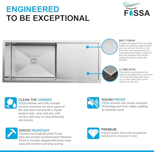 Image of Fossa 42 inchx20 inchx10 inch Inch Single Bowl With Drain Board premium Stainless Steel Handmade Kitchen Sink Matte Finish (Silver)