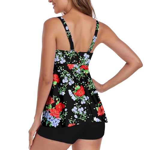 Jollkichay Tankini Swimsuits For Women Tummy Control Bathing Suit Athletic Two Piece Swimsuit Modest Tankini Top With Boyshort Swimming Suits 2 Piece Bathing Suit For Women Black Red Flower X-Large thumb #5