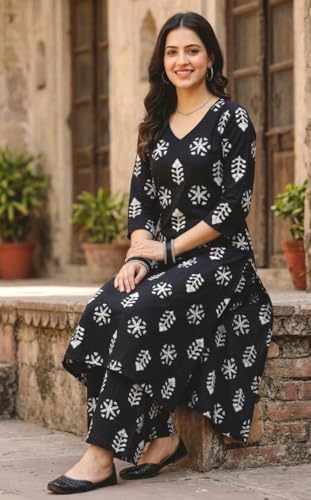 Image of CREATION & YOU Women Cotton Printed Kurta with Palazzo Set | Work /Office Wear Kurta Set for Women