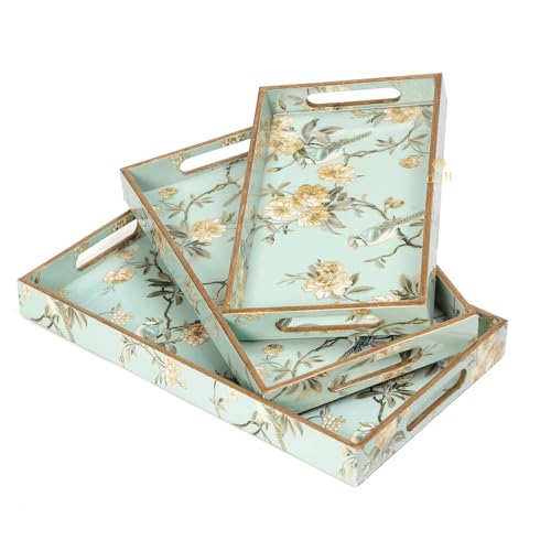 Image of Set of 3 Waterproof Wooden Trays - Modern Birds Design with Floral & Tree Artwork, Serving Tray Set | Tray Set| MDF Serving Trays (16x10, 14x8, 12x6 Inches)(Setof3WP- AquaGoldBird)
