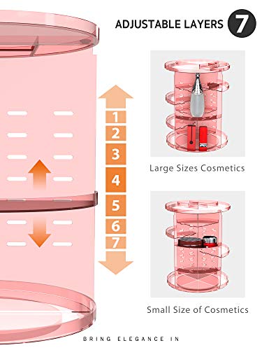 Image of Syntus 360 Rotating Makeup Organizer, DIY Adjustable Bathroom Makeup Carousel Spinning Holder Rack, Large Capacity Cosmetics Storage Box Vanity Shelf Countertop, Fits Makeup Brushes, Lipsticks, Pink