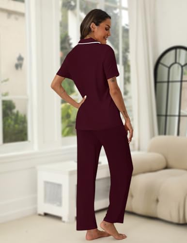 Image of HNG Women Pajamas Set 2 Piece Button Up Pajamas Pant and Short Sleeve Shirt for Woman Pj Sets with Pocket
