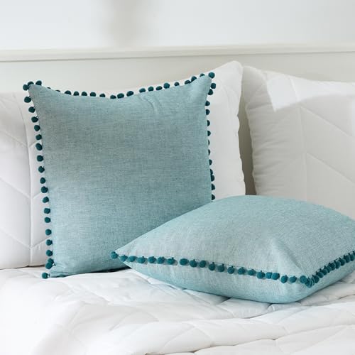 Image of 100% Cotton Pom Pom Cushion Without Filler, Elegant & Modern Cushion Cover for Living Room, Square Shape, 16 inchx16 inch, uni Chambray, Set of 2 - Teal Green