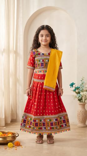 Image of AHHAAAA Girls Lehenga Choli with Dupatta, Kids Embroidered Chaniya Choli Set for Navratri Garba Dandiya Wedding Party Ethnic Outfit Y0045