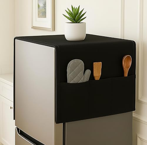 Image of Refrigerator Single Door Waterproof, Dustproof, Refrigerator Top Cover, Protective Cover for Fridges with Extra Storage Space Nylon Top cover with 6 Storage Pockets ( Black, 130 x 54 cm )