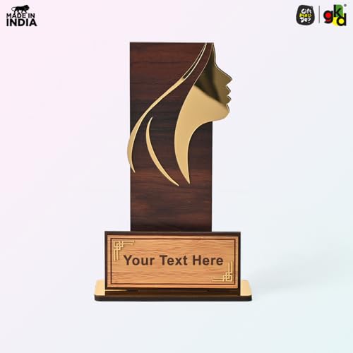Image of GKD Personalized Wooden Women's Trophy - Printed Custom Name & Message | Female Achievement Award, Corporate Recognition, Leadership Memento (Wood)
