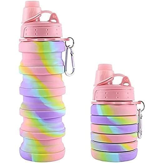 KINOTI Rainbow Collapsible Folding Water Bottles for Kids, Students, Adults, Reusable BPA Free Silicone Foldable Sports Water Bottles for Travel Camping Hiking, Pink, 0.500 Liters-image-27