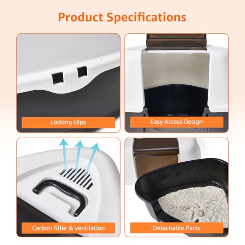 Image of Amazon Basics No-Mess Enclosed Cat Litter Box | Large Covered Litter Tray with Privacy Hood | Easy Clean Cat Washroom for Indoor Cats | White + Black | 44 X 50 X 60 cm