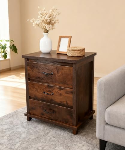Mixcous Rustic Farmhouse Nightstand - Reclaimed Solid Wood, Three Drawer Bedside Table, Vintage Style, Durable & Eco-Friendly