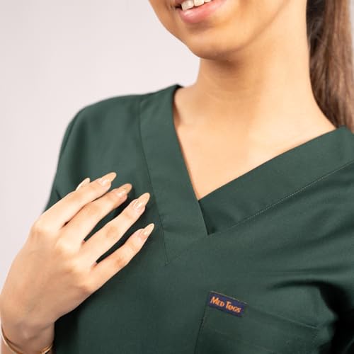 Image of MEDTOGS Everyday Women's New Gen Scrub Suit, Surgical Green, V-Neck Top and Bottom Set with Utility Sleev Pockets, Premium and Comfortable Medical Uniform