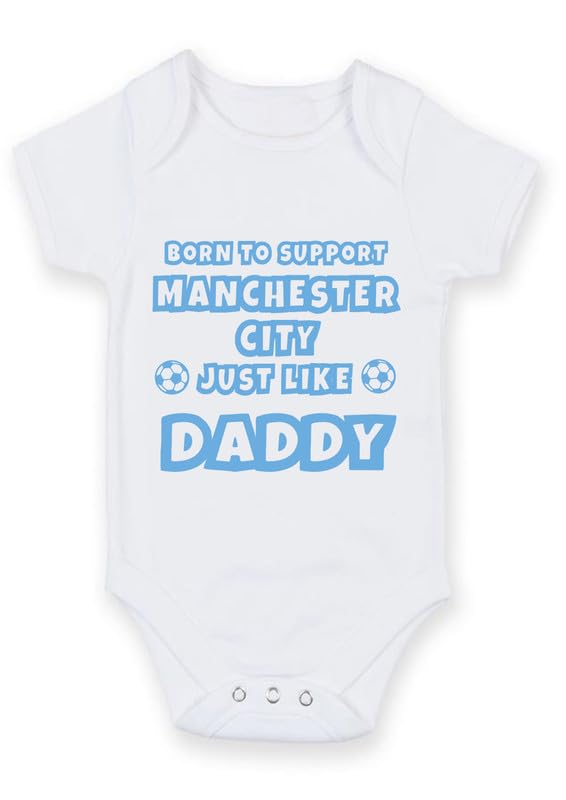 FoxyPrinting Football Baby Grow – White Cotton Onesie “Born to Support Manchester City Just Like Daddy” Soccer Ball Design – Father's Day Gift for Newborns & Infant, Design-12, 12-18 months