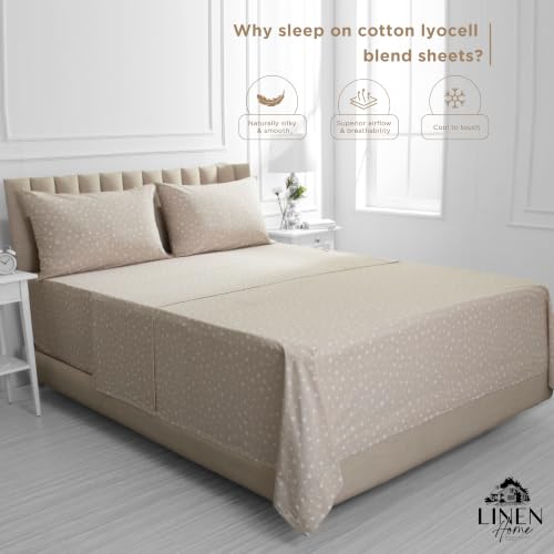 Image of Linen Home 100% Cotton Printed Percale Sheets Cal King Size, Polka Beige