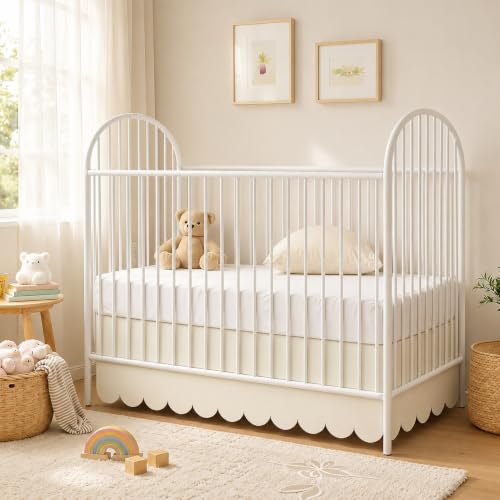 Hahafelt Scalloped Crib Skirt for Baby Girl Nursery 28x 52 with 14 Drop 4-Sided Dust Ruffle Soft Breathable Fabric Elegant Nursery Decor Fits Standard Crib Beige