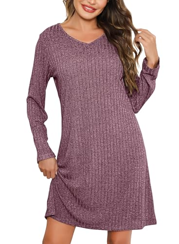 Lovasy Camisones de Mujer Invierno Camisón Manga Larga Cuello V Ropa de Dormir Mujer Camison de canalé Super Suave,Morado Rojo,M