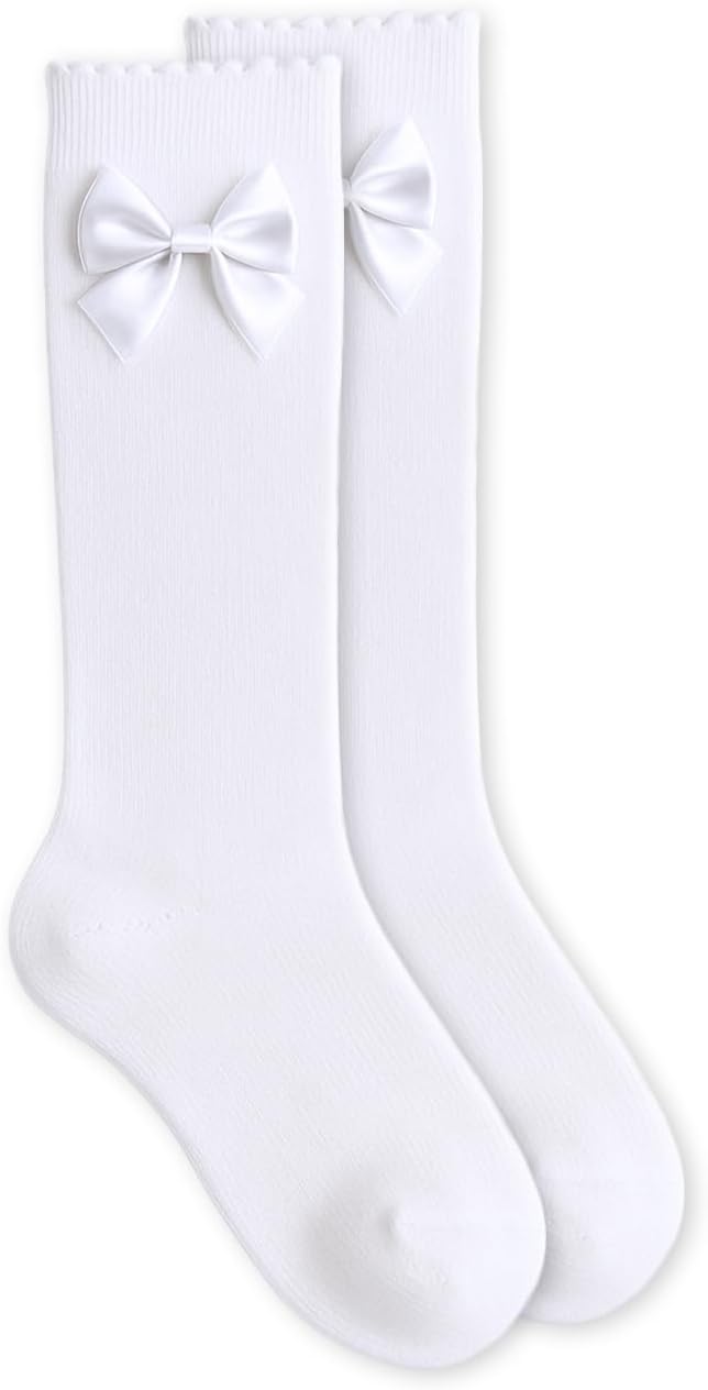 Jefferies Socks Girls' Satin Bow Scallop Lace Trim Cotton Knee High Socks 1 Pair Pack