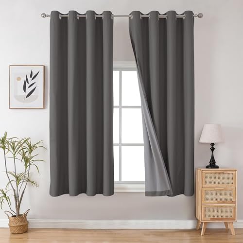 Image of Joydeco Dark Grey Blackout Curtains 63 Inch Length for Bedroom, Grommet Thermal Insulated Curtains 63 Inch Length for Livingroom, Solid Polyester Room Darkening Drapes 63 Inches Long