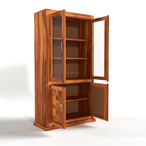 Image of Solid Sheesham Wood Book Shelf with Acrylic Glass Doors and Storage Cabinet | Rosewood Display Unit with 4 Doors for Living Room & Office (Natural Finish)