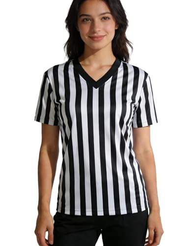 WILLBEFIT Womens Referee Shirt Official Football Basketball V-Neck Ref Jersey for Halloween Costume Umpire Waitress Uniform L