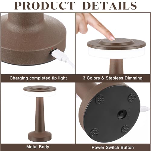 Image of Riakrum 2 Pcs LED Cordless Table Lamp Bulk Rechargeable,Brown | Portable Wireless Lamps, 3 Color Stepless Dimming, 15 Hour Battery, Touch Control, Wedding Home Restaurant Decor