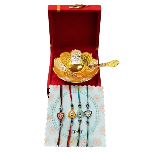Image of Premium Rakhi Gift Set, Gold Plated German Silver Bowl Spoon, Designer Rakhi for Brother, Raksha Bandhan Festive Gift Box 4 Rakhi Set for Brother with gift