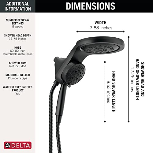 Delta Faucet HydroRain 5-Spray H2Okinetic Dual Shower Head with Handheld Spray, Black Shower Head with Hose, Handheld Shower Heads, Detachable Shower Head, 1.75 GPM Flow Rate, Matte Black 58680-BL - image 4