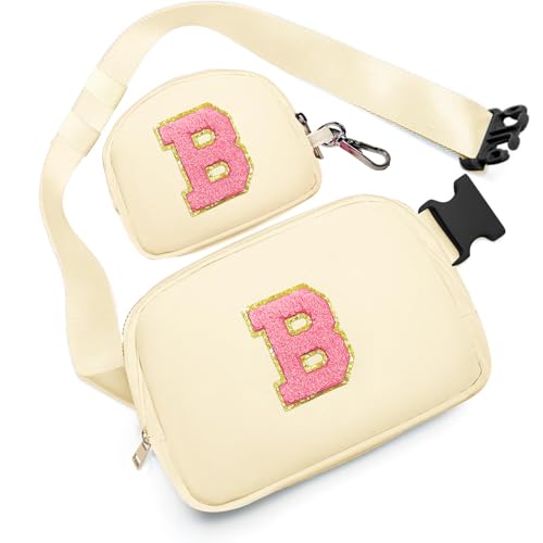 Birthday Gifts for 4 5 6 7 8 9 10 11 12 13 Year Old Girls, Crossbody Bags Fanny Pack with Initial Letter Patch Cute Stuff for Women Girls Teens (B, Cream)