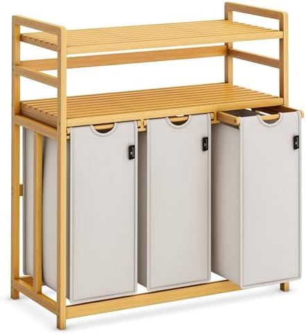 AdelDream Wäschekorb 3 Fächer, 150L Wäschesammler, 2 Ablagen, Bambus | Wäschesortierer 3 x 50L, ausziehbar abnehmbar, Doppelregal, Farbe Hellgrau