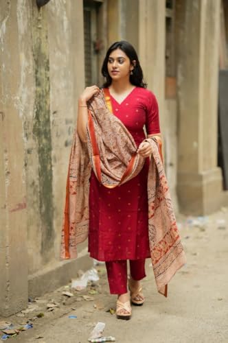Image of GoSriKi Kurta Set Women Viscose Printed | Kurti Set Woman | Kurta Pant Dupatta 3 Piece Outfit | V-Neck Elbow Length Sleeve Straight Fit Ethnic Wear Ladies Dress Stylish Traditional Clothing