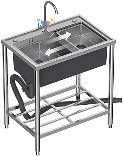 Utility Outdoor Sink for Washing, 304 Stainless Steel Sink, with Faucet Drain Basket, Storage Shelve Commercial Restaurant Sink for Laundry Garden Backyard Garage Outdoor 28.3"×19.3"×31.5"