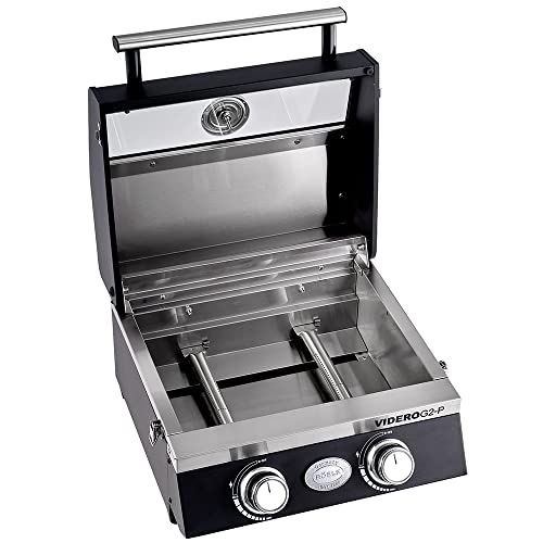 RÖSLE Gasgrill BBQ-Portable VIDERO G2-P, tragbarer Tischgrill mit 2 Edelstahlbrennern, Warmhalterost und Deckel mit Glaseinsatz sowie Deckelthermometer, pulverbeschichteter Stahl, 50 mbar
