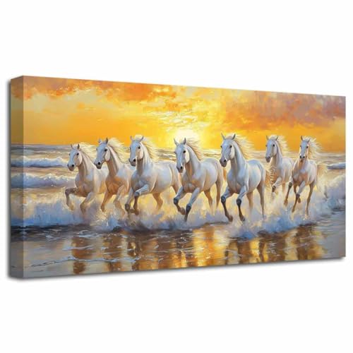 Image of LZIMU Horses Wall Art 7 White Horses Running Picture Wildlife Painting Sunrise Wild Animals Canvas Prints Sunset Nature Landscape Poster Modern Artwork Home Decor (Gold, (30L x 60W cm))