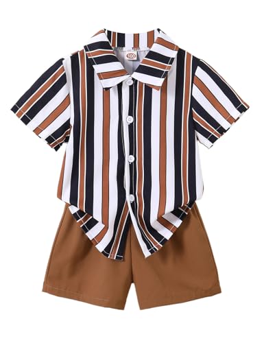 Image of Boys 2 Pieces Summer Outfits Short Sleeve Button Down Striped Shirts and Shorts Sets for Kids
