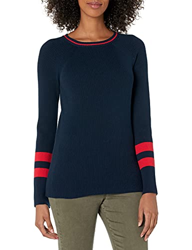 Cable Stitch Women's Raglan Varsity Sweater Navy/Red Small