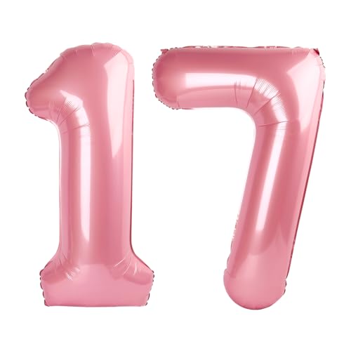 Image of Number Balloons 17 Balloon Pink for 17 Birthday Party Decoration, 40 inch | Saturated Color, Large 40 in, With Straw & Hanging Hole, For Back-to-School Season, Wedding, Christmas, New Year, Anniversary