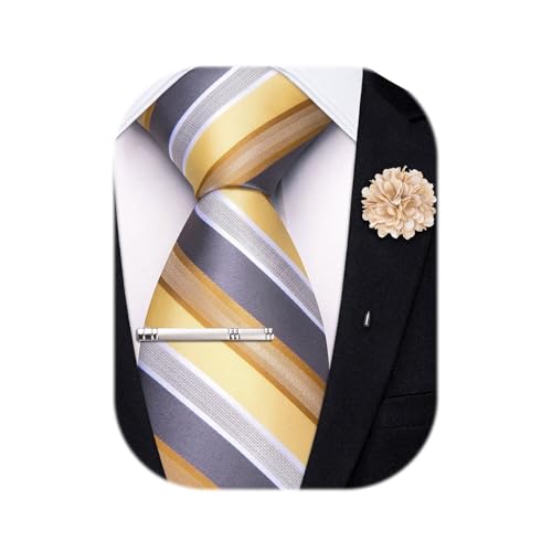Image of Hi-Tie 63 inches Striped Paisley Extra Long Ties for Men Silk Necktie with Lapel Pin Tie Clip Big and Tall Men Formal Wedding
