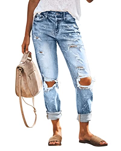 KUNMI Women's Ripped Mid Waisted Boyfriend Jeans Loose Fit Distressed Stretchy Denim Pants2