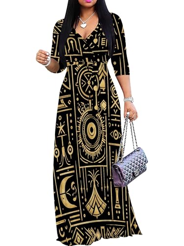 Image of PinkPatty Plus Size Maxi Dress for Women Casual V Neck 3 /4 Sleeve Boho Printed Long Dress with Pockets